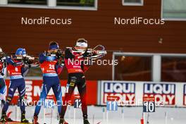 21.03.2021, Oestersund, Sweden, (SWE): Lukas Hofer (ITA), Tarjei Boe (NOR), Benjamin Weger (SUI), (l-r) - IBU World Cup Biathlon, mass men, Oestersund (SWE). www.nordicfocus.com. © Manzoni/NordicFocus. Every downloaded picture is fee-liable.