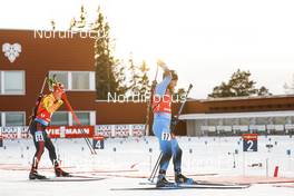 21.03.2021, Oestersund, Sweden, (SWE): Benedikt Doll (GER), Antonin Guigonnat (FRA), (l-r) - IBU World Cup Biathlon, mass men, Oestersund (SWE). www.nordicfocus.com. © Manzoni/NordicFocus. Every downloaded picture is fee-liable.