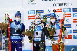 21.03.2021, Oestersund, Sweden, (SWE): Dzinara Alimbekava (BLR), Ingrid Landmark Tandrevold (NOR), Franziska Preuss (GER), (l-r) - IBU World Cup Biathlon, mass women, Oestersund (SWE). www.nordicfocus.com. © Manzoni/NordicFocus. Every downloaded picture is fee-liable.