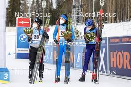 21.03.2021, Oestersund, Sweden, (SWE): Lena Haecki (SUI), Uliana Kaisheva (RUS), Hanna Sola (BLR), (l-r) - IBU World Cup Biathlon, mass women, Oestersund (SWE). www.nordicfocus.com. © Manzoni/NordicFocus. Every downloaded picture is fee-liable.