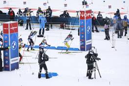 21.03.2021, Oestersund, Sweden, (SWE): Start of the race: Tiril Eckhoff (NOR), Lisa Theresa Hauser (AUT), Marte Olsbu Roeiseland (NOR), Hanna Oeberg (SWE), (l-r) - IBU World Cup Biathlon, mass women, Oestersund (SWE). www.nordicfocus.com. © Manzoni/NordicFocus. Every downloaded picture is fee-liable.