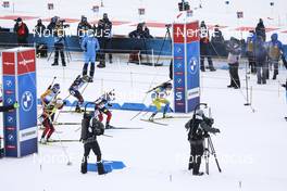 21.03.2021, Oestersund, Sweden, (SWE): Start of the race: Tiril Eckhoff (NOR), Franziska Preuss (GER), Lisa Theresa Hauser (AUT), Marte Olsbu Roeiseland (NOR), Hanna Oeberg (SWE), (l-r)  - IBU World Cup Biathlon, mass women, Oestersund (SWE). www.nordicfocus.com. © Manzoni/NordicFocus. Every downloaded picture is fee-liable.