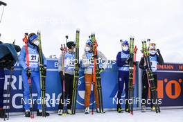 21.03.2021, Oestersund, Sweden, (SWE): Uliana Kaisheva (RUS), Lena Haecki (SUI), Hanna Oeberg (SWE), Dzinara Alimbekava (BLR), Ingrid Landmark Tandrevold (NOR), (l-r) - IBU World Cup Biathlon, mass women, Oestersund (SWE). www.nordicfocus.com. © Manzoni/NordicFocus. Every downloaded picture is fee-liable.
