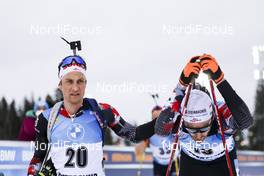 20.03.2021, Oestersund, Sweden, (SWE): Felix Leitner (AUT), Simon Eder (AUT), (l-r) - IBU World Cup Biathlon, pursuit men, Oestersund (SWE). www.nordicfocus.com. © Manzoni/NordicFocus. Every downloaded picture is fee-liable.