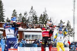 20.03.2021, Oestersund, Sweden, (SWE): Lukas Hofer (ITA), Johannes Thingnes Boe (NOR), Sebastian Samuelsson (SWE), (l-r) - IBU World Cup Biathlon, pursuit men, Oestersund (SWE). www.nordicfocus.com. © Manzoni/NordicFocus. Every downloaded picture is fee-liable.