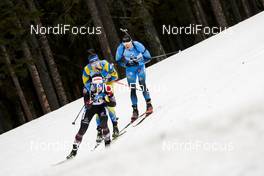 20.03.2021, Oestersund, Sweden, (SWE): Felix Leitner (AUT), Martin Ponsiluoma (SWE), Emilien Jacquelin (FRA), (l-r) - IBU World Cup Biathlon, pursuit men, Oestersund (SWE). www.nordicfocus.com. © Manzoni/NordicFocus. Every downloaded picture is fee-liable.