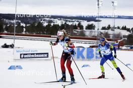 20.03.2021, Oestersund, Sweden, (SWE): Marte Olsbu Roeiseland (NOR), Hanna Sola (BLR), (l-r) - IBU World Cup Biathlon, pursuit women, Oestersund (SWE). www.nordicfocus.com. © Manzoni/NordicFocus. Every downloaded picture is fee-liable.