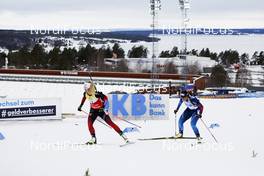20.03.2021, Oestersund, Sweden, (SWE): Tiril Eckhoff (NOR), Lena Haecki (SUI), (l-r) - IBU World Cup Biathlon, pursuit women, Oestersund (SWE). www.nordicfocus.com. © Manzoni/NordicFocus. Every downloaded picture is fee-liable.