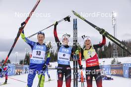 20.03.2021, Oestersund, Sweden, (SWE): Hanna Sola (BLR), Marte Olsbu Roeiseland (NOR), Tiril Eckhoff (NOR), (l-r) - IBU World Cup Biathlon, pursuit women, Oestersund (SWE). www.nordicfocus.com. © Manzoni/NordicFocus. Every downloaded picture is fee-liable.