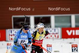 20.03.2021, Oestersund, Sweden, (SWE): Julia Simon (FRA), Tiril Eckhoff (NOR), (l-r) - IBU World Cup Biathlon, pursuit women, Oestersund (SWE). www.nordicfocus.com. © Manzoni/NordicFocus. Every downloaded picture is fee-liable.