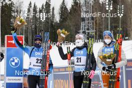 20.03.2021, Oestersund, Sweden, (SWE): Julia Simon (FRA), Emilie Aagheim Kalkenberg (NOR), Franziska Preuss (GER), (l-r) - IBU World Cup Biathlon, pursuit women, Oestersund (SWE). www.nordicfocus.com. © Manzoni/NordicFocus. Every downloaded picture is fee-liable.