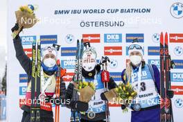 20.03.2021, Oestersund, Sweden, (SWE): Tiril Eckhoff (NOR), Marte Olsbu Roeiseland (NOR), Hanna Sola (BLR), (l-r) - IBU World Cup Biathlon, pursuit women, Oestersund (SWE). www.nordicfocus.com. © Manzoni/NordicFocus. Every downloaded picture is fee-liable.