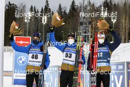 19.03.2021, Oestersund, Sweden, (SWE): Simon Desthieux (FRA), Quentin Fillon Maillet (FRA), Sturla Holm Laegreid (NOR), (l-r) - IBU World Cup Biathlon, sprint men, Oestersund (SWE). www.nordicfocus.com. © Manzoni/NordicFocus. Every downloaded picture is fee-liable.