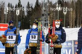 19.03.2021, Oestersund, Sweden, (SWE): Sturla Holm Laegreid (NOR), Simon Desthieux (FRA), Quentin Fillon Maillet (FRA), (l-r) - IBU World Cup Biathlon, sprint men, Oestersund (SWE). www.nordicfocus.com. © Manzoni/NordicFocus. Every downloaded picture is fee-liable.