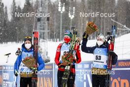 19.03.2021, Oestersund, Sweden, (SWE): Anais Chevalier-Bouchet (FRA), Lisa Theresa Hauser (AUT), Marte Olsbu Roeiseland (NOR), (l-r) - IBU World Cup Biathlon, sprint women, Oestersund (SWE). www.nordicfocus.com. © Manzoni/NordicFocus. Every downloaded picture is fee-liable.