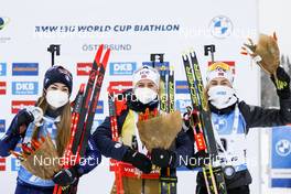 19.03.2021, Oestersund, Sweden, (SWE): Dorothea Wierer (ITA), Tiril Eckhoff (NOR), Ingrid Landmark Tandrevold (NOR), (l-r) - IBU World Cup Biathlon, sprint women, Oestersund (SWE). www.nordicfocus.com. © Manzoni/NordicFocus. Every downloaded picture is fee-liable.