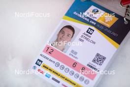 17.03.2021, Oestersund, Sweden, (SWE): Accreditation card of Justus Strelow (GER) - IBU World Cup Biathlon, training, Oestersund (SWE). www.nordicfocus.com. © Manzoni/NordicFocus. Every downloaded picture is fee-liable.
