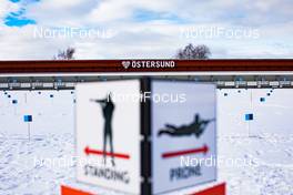 16.03.2021, Oestersund, Sweden, (SWE): Event Feature: signs for standing and prone shooting at the shooting range - IBU World Cup Biathlon, training, Oestersund (SWE). www.nordicfocus.com. © Manzoni/NordicFocus. Every downloaded picture is fee-liable.