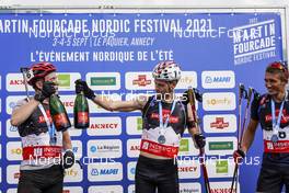 04.09.2021, Annecy, France (FRA): Benedikt Doll (GER), Sturla Holm Laegreid (NOR), Said Karimulla Khalili (RUS), (l-r) - Martin Fourcade Nordic Festival, Annecy (FRA). www.nordicfocus.com. © Thibaut/NordicFocus. Every downloaded picture is fee-liable.