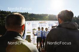 17.10.2021, Arcon, France (FRA): Lionel Jouannaud (FRA), Edgar Geny (FRA), Martin Botet (FRA), (l-r) - Biathlon Samse Summer Tour, pursuit, Arcon (FRA). www.nordicfocus.com. © Manzoni/NordicFocus. Every downloaded picture is fee-liable.