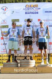 17.10.2021, Arcon, France (FRA): Jacques Jefferies (FRA), Remi Broutier (FRA), Eric Perrot (FRA), (l-r) - Biathlon Samse Summer Tour, pursuit, Arcon (FRA). www.nordicfocus.com. © Manzoni/NordicFocus. Every downloaded picture is fee-liable.