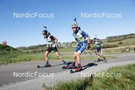 16.10.2021, Arcon, France (FRA): Martin Perrillat Bottonet (FRA), Arthur Lucas (FRA), Tom Bourgin Millet (FRA), (l-r) - Biathlon Samse Summer Tour, sprint, Arcon (FRA). www.nordicfocus.com. © Manzoni/NordicFocus. Every downloaded picture is fee-liable.