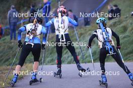 16.10.2021, Arcon, France (FRA): Julia Simon (FRA), Anais Chevalier-Bouchet (FRA), Anaelle Bondoux (FRA), (l-r) - Biathlon Samse Summer Tour, sprint, Arcon (FRA). www.nordicfocus.com. © Manzoni/NordicFocus. Every downloaded picture is fee-liable.