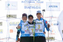16.10.2021, Arcon, France (FRA): Oscar Lombardot (FRA), Remi Broutier (FRA), Eric Perrot (FRA), (l-r) - Biathlon Samse Summer Tour, sprint, Arcon (FRA). www.nordicfocus.com. © Manzoni/NordicFocus. Every downloaded picture is fee-liable.