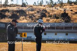 09.10.2021, Lavaze, Italy (ITA): Siegfried Mazet (FRA) coach team Norway, Tarjei Boe (NOR), (l-r) - Biathlon training, Lavaze (ITA). www.nordicfocus.com. © Vanzetta/NordicFocus. Every downloaded picture is fee-liable.