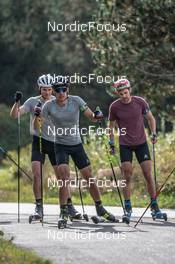 29.09.2021, Font-Romeu, France (FRA): Emilien Jacquelin (FRA), Quentin Fillon Maillet (FRA), Simon Desthieux (FRA), (l-r) - Biathlon training, Font-Romeu (FRA). www.nordicfocus.com. © Leo Authamayou/NordicFocus. Every downloaded picture is fee-liable.