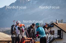 09.10.2021, Lavaze, Italy (ITA): Tarjei Boe (NOR), Siegfried Mazet (FRA) coach team Norway, (l-r) - Biathlon training, Lavaze (ITA). www.nordicfocus.com. © Vanzetta/NordicFocus. Every downloaded picture is fee-liable.