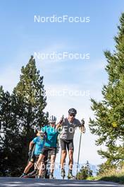 22.09.2021, Font-Romeu, France (FRA): Quentin Fillon Maillet (FRA), Emilien Jacquelin (FRA), Antonin Guigonnat (FRA), (l-r) - Biathlon training, Font-Romeu (FRA). www.nordicfocus.com. © Leo Authamayou/NordicFocus. Every downloaded picture is fee-liable.