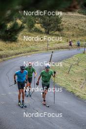 21.09.2021, Font-Romeu, France (FRA): Quentin Fillon Maillet (FRA), Simon Desthieux (FRA), Fabien Claude (FRA), (l-r) - Biathlon training, Font-Romeu (FRA). www.nordicfocus.com. © Augustin Authamayou/NordicFocus. Every downloaded picture is fee-liable.