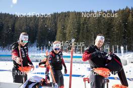 17.02.2021, Pokljuka, Slovenia (SLO): Johannes Thingnes Boe (NOR), Johannes Dale (NOR), Sturla Holm Laegreid (NOR), (l-r), (l-r) - IBU World Championships Biathlon, individual men, Pokljuka (SLO). www.nordicfocus.com. © Manzoni/NordicFocus. Every downloaded picture is fee-liable.
