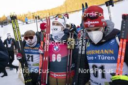 17.02.2021, Pokljuka, Slovenia (SLO): Johannes Dale (NOR), Sturla Holm Laegreid (NOR), Arnd Peiffer (GER), (l-r)  - IBU World Championships Biathlon, individual men, Pokljuka (SLO). www.nordicfocus.com. © Thibaut/NordicFocus. Every downloaded picture is fee-liable.