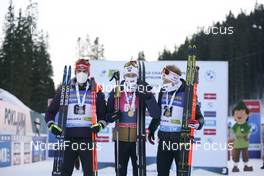 17.02.2021, Pokljuka, Slovenia (SLO): Arnd Peiffer (GER), Sturla Holm Laegreid (NOR), Johannes Dale (NOR), (l-r) - IBU World Championships Biathlon, individual men, Pokljuka (SLO). www.nordicfocus.com. © Thibaut/NordicFocus. Every downloaded picture is fee-liable.