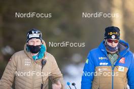 17.02.2021, Pokljuka, Slovenia (SLO): Markus Segessenmann (SUI) Head of Biathlon Swiss-Ski, Stephane Bouthiaux (FRA) coach Team France, (l-r) - IBU World Championships Biathlon, individual men, Pokljuka (SLO). www.nordicfocus.com. © Manzoni/NordicFocus. Every downloaded picture is fee-liable.