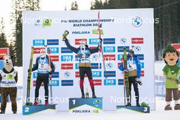 21.02.2021, Pokljuka, Slovenia (SLO): Johannes Dale (NOR), Sturla Holm Laegreid (NOR), Quentin Fillon Maillet (FRA), (l-r) - IBU World Championships Biathlon, mass men, Pokljuka (SLO). www.nordicfocus.com. © Thibaut/NordicFocus. Every downloaded picture is fee-liable.