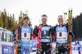 21.02.2021, Pokljuka, Slovenia (SLO): Quentin Fillon Maillet (FRA), Sturla Holm Laegreid (NOR), Johannes Dale (NOR), (l-r) - IBU World Championships Biathlon, mass men, Pokljuka (SLO). www.nordicfocus.com. © Thibaut/NordicFocus. Every downloaded picture is fee-liable.