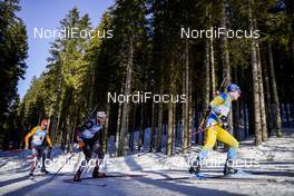 21.02.2021, Pokljuka, Slovenia (SLO): Arnd Peiffer (GER), Simon Eder (AUT), Sebastian Samuelsson (SWE), (l-r) - IBU World Championships Biathlon, mass men, Pokljuka (SLO). www.nordicfocus.com. © Thibaut/NordicFocus. Every downloaded picture is fee-liable.