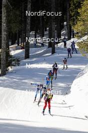 21.02.2021, Pokljuka, Slovenia (SLO): Marte Olsbu Roeiseland (NOR), Lisa Theresa Hauser (AUT), Selina Gasparin (SUI), Lisa Vittozzi (ITA), Vanessa Hinz (GER), Irina Kazakevich (RBU), (l-r) - IBU World Championships Biathlon, mass women, Pokljuka (SLO). www.nordicfocus.com. © Manzoni/NordicFocus. Every downloaded picture is fee-liable.