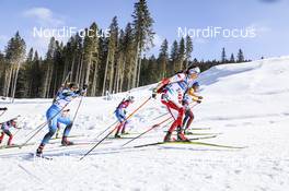 21.02.2021, Pokljuka, Slovenia (SLO): Monika Hojnisz-Starega (POL), Anais Bescond (FRA), Irina Kazakevich (RBU), Franziska Preuss (GER), (l-r) - IBU World Championships Biathlon, mass women, Pokljuka (SLO). www.nordicfocus.com. © Manzoni/NordicFocus. Every downloaded picture is fee-liable.