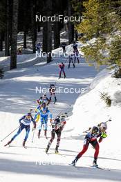 21.02.2021, Pokljuka, Slovenia (SLO): Marte Olsbu Roeiseland (NOR), Lisa Theresa Hauser (AUT), Selina Gasparin (SUI), Lisa Vittozzi (ITA), Vanessa Hinz (GER), Irina Kazakevich (RBU), (l-r) - IBU World Championships Biathlon, mass women, Pokljuka (SLO). www.nordicfocus.com. © Manzoni/NordicFocus. Every downloaded picture is fee-liable.
