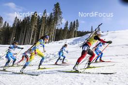 21.02.2021, Pokljuka, Slovenia (SLO): Tiril Eckhoff (NOR), Dorothea Wierer (ITA), Hanna Oeberg (SWE), Justine Braisaz-Bouchet (FRA), Julia Simon (FRA), (l-r) - IBU World Championships Biathlon, mass women, Pokljuka (SLO). www.nordicfocus.com. © Manzoni/NordicFocus. Every downloaded picture is fee-liable.