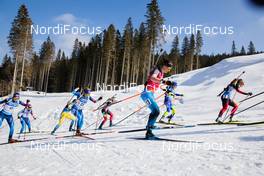 21.02.2021, Pokljuka, Slovenia (SLO): Selina Gasparin (SUI), Elisa Gasparin (SUI), Julia Simon (FRA), (l-r) - IBU World Championships Biathlon, mass women, Pokljuka (SLO). www.nordicfocus.com. © Manzoni/NordicFocus. Every downloaded picture is fee-liable.