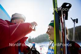 21.02.2021, Pokljuka, Slovenia (SLO): Alfred Eder (AUT), Lisa Theresa Hauser (AUT), (l-r) - IBU World Championships Biathlon, mass women, Pokljuka (SLO). www.nordicfocus.com. © Manzoni/NordicFocus. Every downloaded picture is fee-liable.