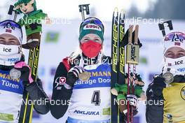 21.02.2021, Pokljuka, Slovenia (SLO): Ingrid Landmark Tandrevold (NOR), Lisa Theresa Hauser (AUT), Tiril Eckhoff (NOR), (l-r) - IBU World Championships Biathlon, mass women, Pokljuka (SLO). www.nordicfocus.com. © Thibaut/NordicFocus. Every downloaded picture is fee-liable.