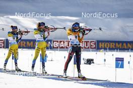 21.02.2021, Pokljuka, Slovenia (SLO): Linn Persson (SWE), Hanna Oeberg (SWE), Franziska Preuss (GER), (l-r) - IBU World Championships Biathlon, mass women, Pokljuka (SLO). www.nordicfocus.com. © Manzoni/NordicFocus. Every downloaded picture is fee-liable.