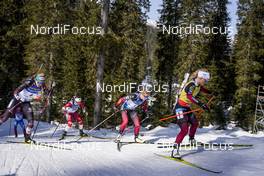 21.02.2021, Pokljuka, Slovenia (SLO): Tiril Eckhoff (NOR), Lisa Theresa Hauser (AUT), Ingrid Landmark Tandrevold (NOR), Baiba Bendika (LAT), (l-r) - IBU World Championships Biathlon, mass women, Pokljuka (SLO). www.nordicfocus.com. © Thibaut/NordicFocus. Every downloaded picture is fee-liable.