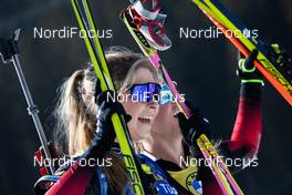 21.02.2021, Pokljuka, Slovenia (SLO): Tiril Eckhoff (NOR), Ingrid Landmark Tandrevold (NOR), (l-r) - IBU World Championships Biathlon, mass women, Pokljuka (SLO). www.nordicfocus.com. © Manzoni/NordicFocus. Every downloaded picture is fee-liable.